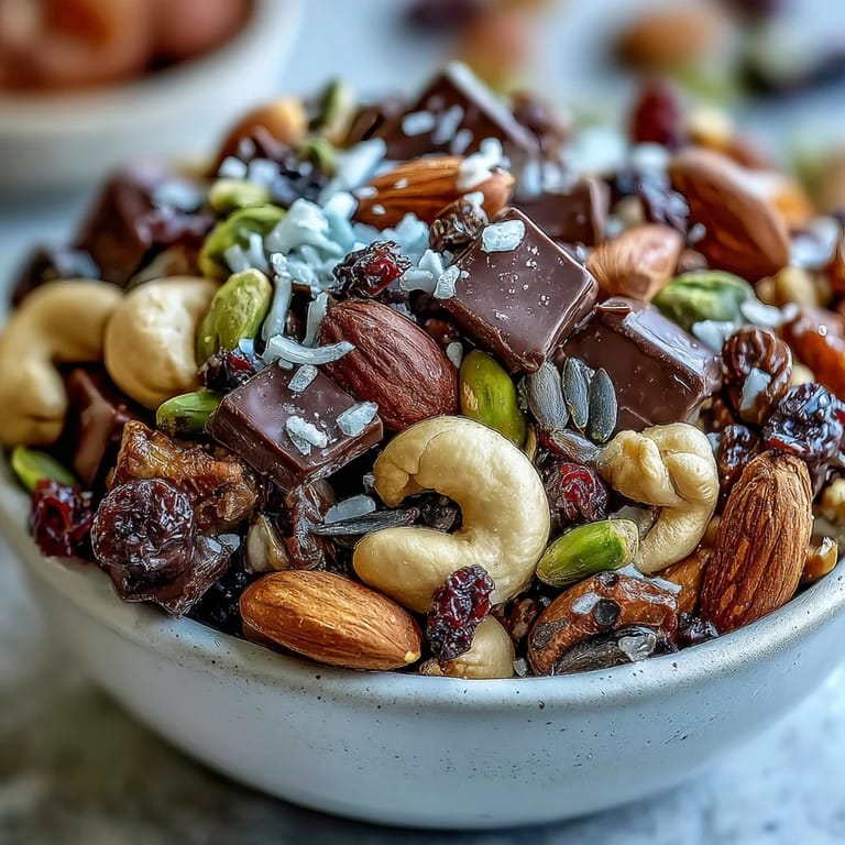 Energy-boosting homemade trail mix with dark chocolate, dried cranberries, and pumpkin seeds, ideal for hiking or beach adventures.