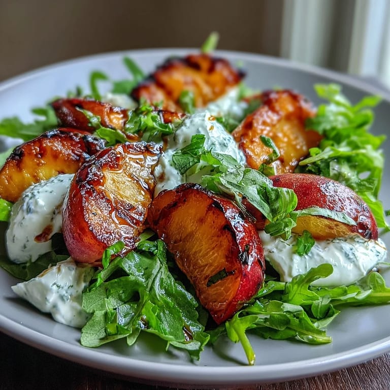 Sweet grilled peaches paired with creamy burrata, fresh basil, and honey on arugula for a Mediterranean salad.