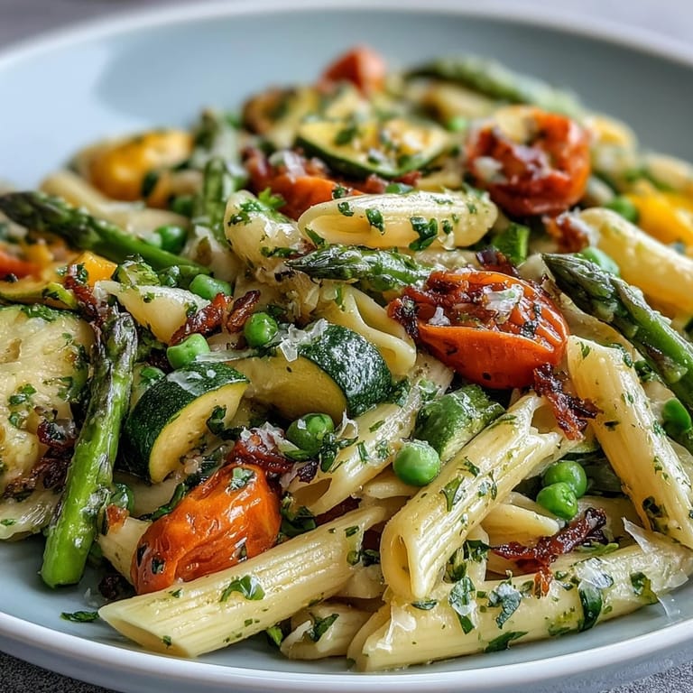 Spring Pasta Primavera with Fresh Veggies - A vibrant vegetarian pasta dish featuring tender penne, garden-fresh vegetables, and a sprinkle of Parmesan, served in a white bowl.