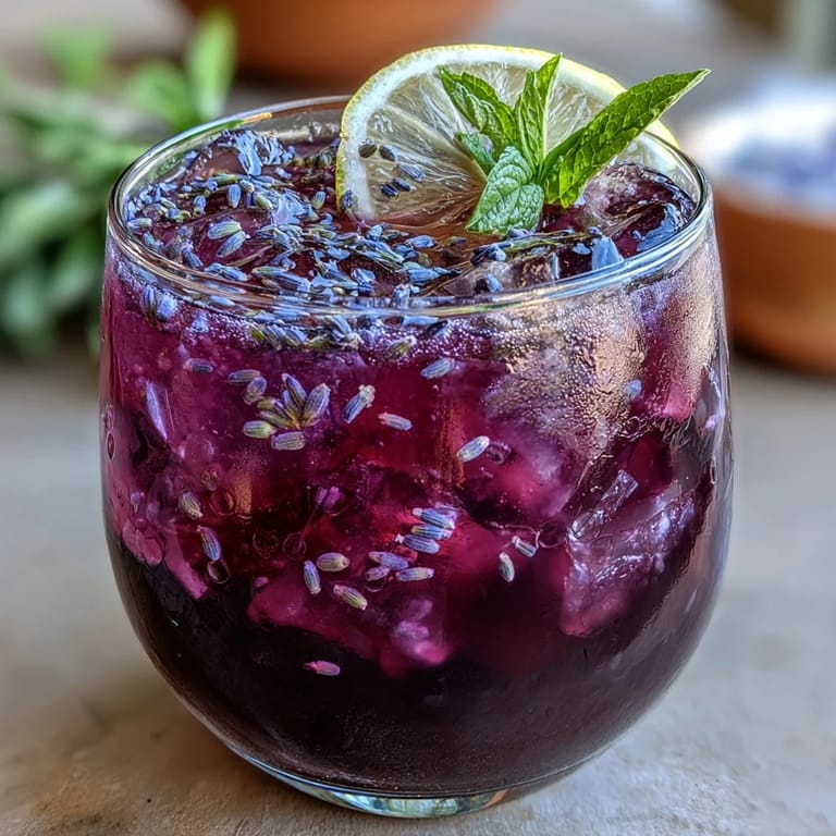 Refreshing Purple Rain Lavender Lemonade Refresher, infused with floral lavender and citrus, served over ice.