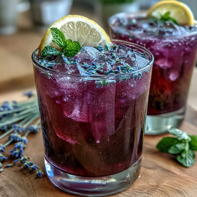 Purple Rain Lavender Lemonade Refresher, a cool drink with soothing lavender, tangy lemon, and deep purple color.