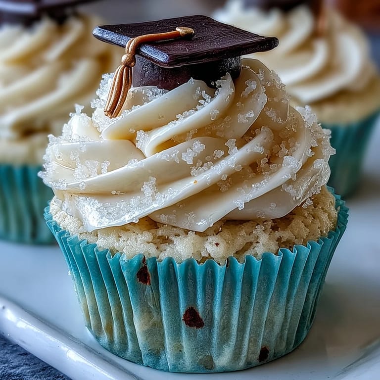 Decadent vanilla graduation cupcakes crowned with edible black and gold fondant caps.