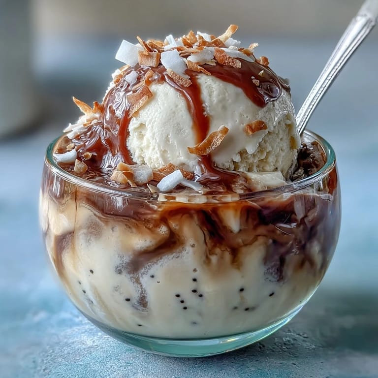 Chilled coconut cold brew coffee topped with sweet vanilla bean ice cream.