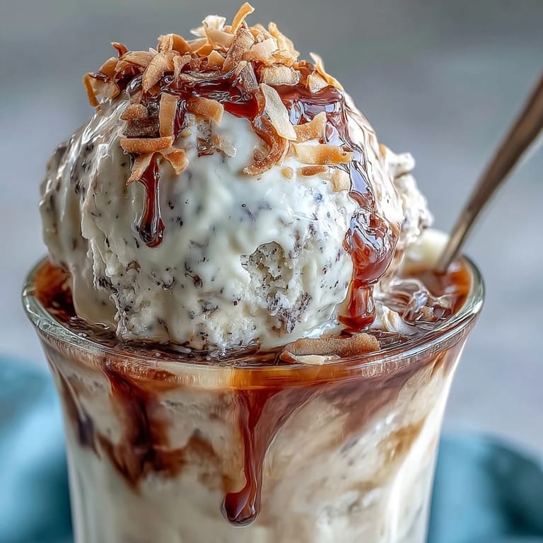 Refreshing coconut cold brew float, a tropical, creamy dessert beverage.