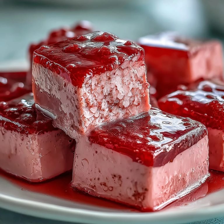 A festive Strawberry Rose Gelatin Mosaic Cake glistening, perfect for a celebration dessert.