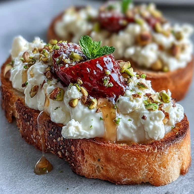 Golden sourdough toast layered with ricotta, strawberries, honey, and pistachios.