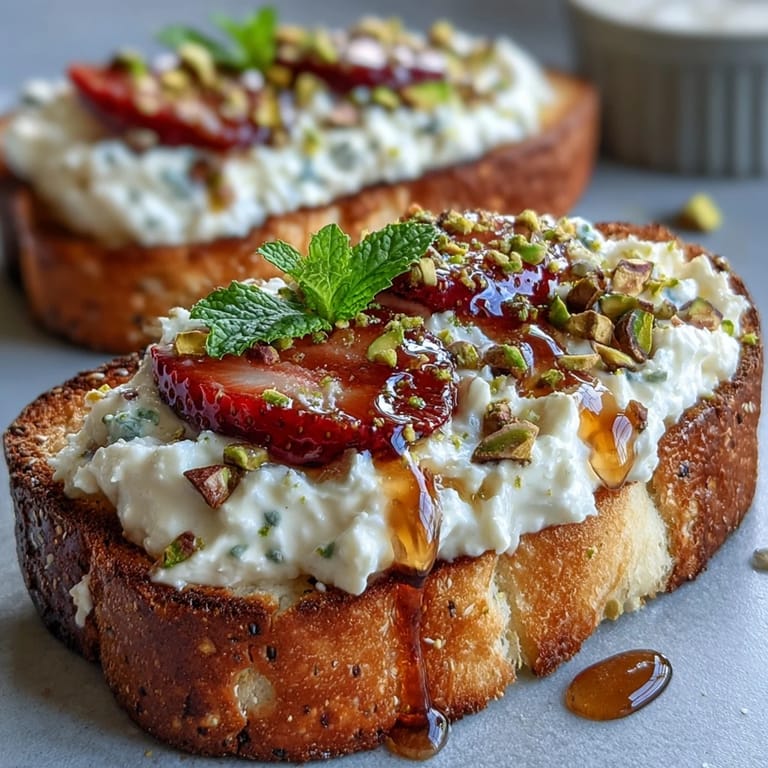 Creamy strawberry honey ricotta toast topped with vibrant, crunchy pistachios.