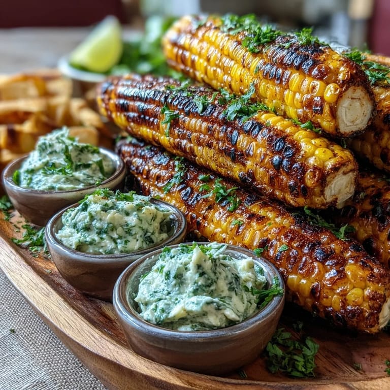 Delicious grilled corn on the cob, ready to be slathered with fresh, aromatic compound butters for summer.