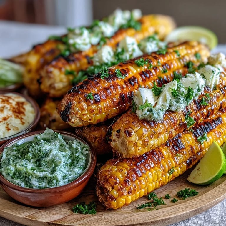 Hot, smoky grilled corn, artfully arranged with a selection of delicious homemade herb butters for everyone.