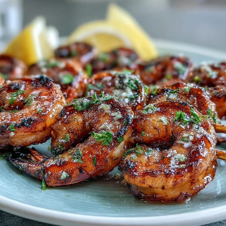 Tender honey garlic shrimp skewers hot off the grill, garnished with parsley.