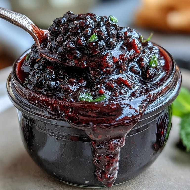 A close-up of luscious Blackberry Jalapeño BBQ Sauce, perfect for dipping savory appetizers.
