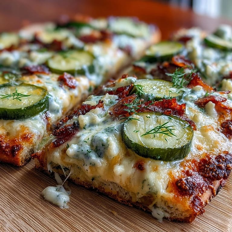 Savory pickle pizza flatbread fresh from the oven, sprinkled with herbs.