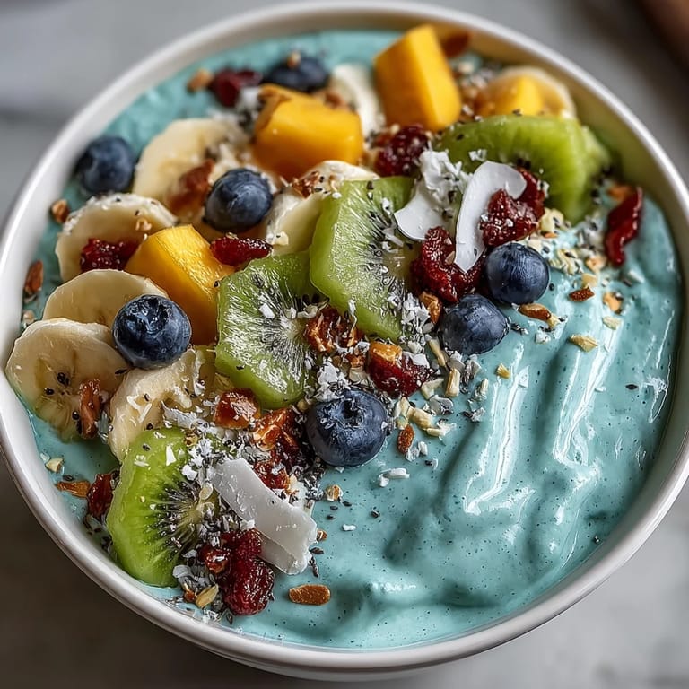 Artfully arranged blue spirulina smoothie bowl bursting with fresh fruit flavors.
