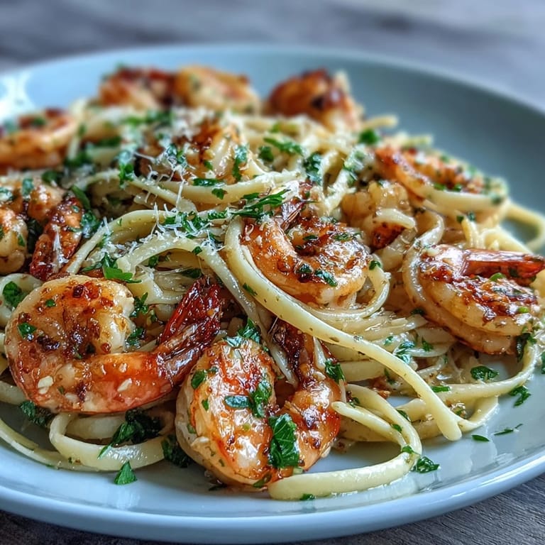 Golden linguine twirled with plump shrimp in a luscious lemon-garlic sauce.