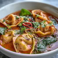 A close-up of steaming Red Curry Wonton Soup with tender wontons, spinach, and shredded carrots in a rich, creamy broth.  