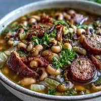 A close-up of Southern-Style Black-Eyed Peas simmering in a Dutch oven with smoky sausage and diced vegetables. 