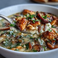 A bowl of creamy Parmesan Mushroom Chicken and Wild Rice Soup garnished with fresh parsley and grated cheese, steam rising.