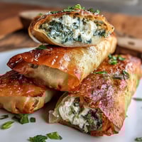 Golden-brown Spanakopita Spring Rolls with a flaky, crispy wrapper, displayed on a white plate beside a small bowl of creamy yogurt-dill dip.