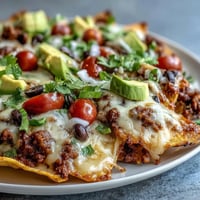 Golden, melted cheddar and Monterey Jack cheese blankets layers of crispy tortilla chips, seasoned ground beef, and vibrant fresh toppings in this Baked Nachos recipe.