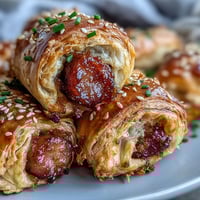 Golden-brown Pepper Jelly Hogs in a Blanket on a rustic wooden board, garnished with fresh chives.