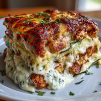 Golden-seared chicken, crisp zucchini slices, and melty mozzarella peek from this creamy, high-protein bake.  