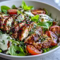 Sliced grilled chicken topped with mozzarella, tomatoes, and basil on greens, finished with a glossy balsamic drizzle.