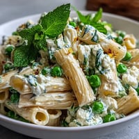A creamy pea and ricotta pasta with mint, featuring bright green peas and fresh herbs in a light, comforting dish.