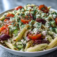A colorful Greek-style pasta salad with juicy tomatoes, cucumbers, and briny olives, tossed with creamy feta and fresh herbs.