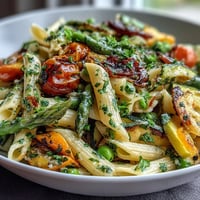 Spring Pasta Primavera with Fresh Veggies - A colorful plate of penne pasta tossed with crisp asparagus, zucchini, and cherry tomatoes, finished with a light lemon-herb sauce.
