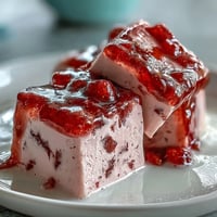 Beautiful Strawberry Rose Gelatin Mosaic Cake with vibrant cubes on a white platter.