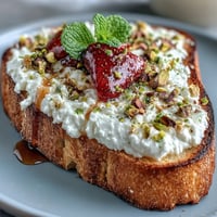 Fresh Strawberry Honey Ricotta Toast with pistachios, a sweet, crunchy breakfast delight.