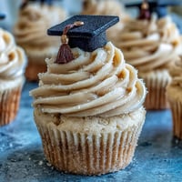 Festive graduation cupcakes showcase black and gold caps atop sweet vanilla frosting.
