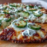 Golden pickle pizza flatbread swirled with creamy garlic ranch, ready to enjoy.
